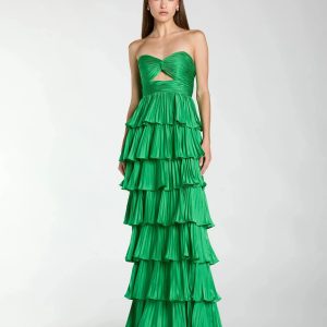 Dark Green Pleated Charmeuse Strapless Tiered Ruffle Gown