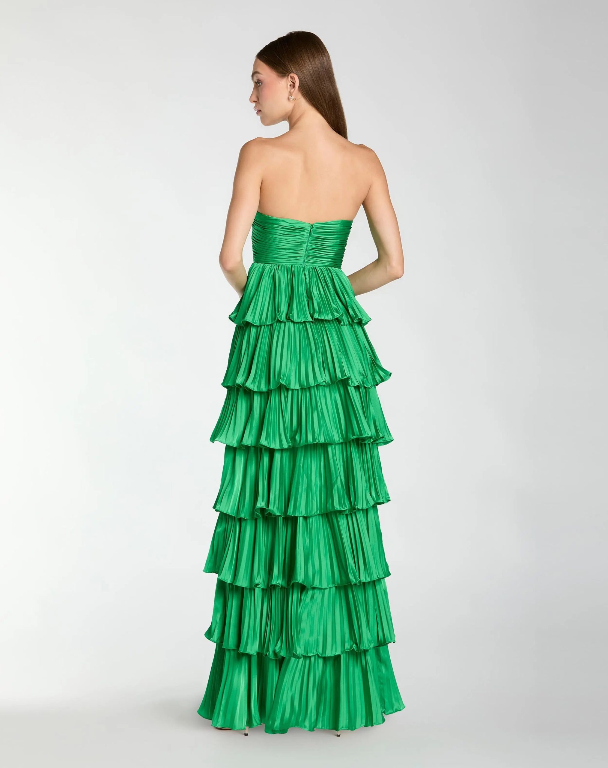 Dark Green Pleated Charmeuse Strapless Tiered Ruffle Gown - Image 3