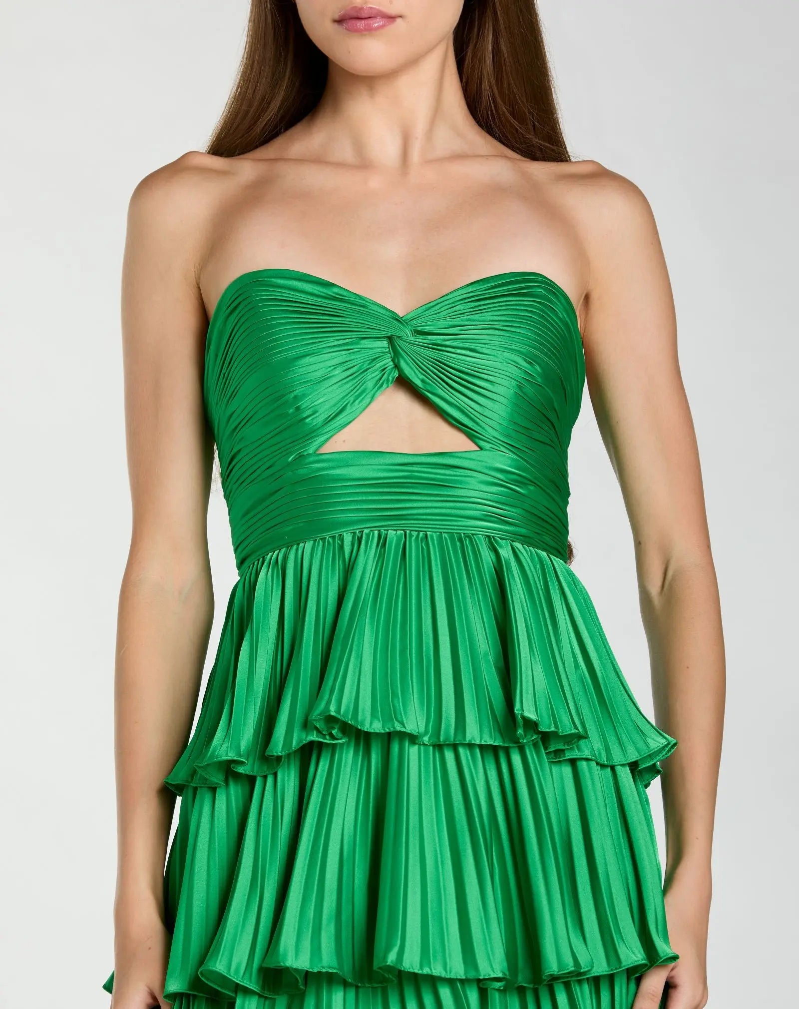 Dark Green Pleated Charmeuse Strapless Tiered Ruffle Gown - Image 2