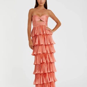 Pink Pleated Charmeuse Strapless Tiered Ruffle Gown