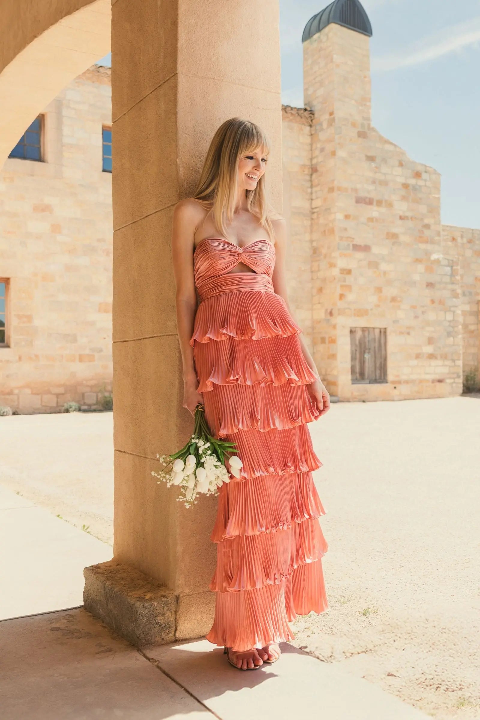 Pink Pleated Charmeuse Strapless Tiered Ruffle Gown - Image 4