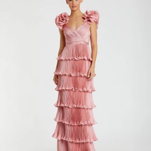 Pink Pleated Charmeuse Tiered Gown With Ruffle Straps