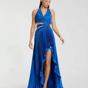 Blue Halter Neck Pleated Charmeuse Cut Out Gown