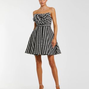 Black and White Strapless Boucle Mini Dress With Bow