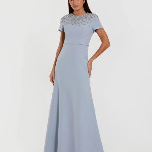 Blue High Neck Rhinestone Embellished Crepe Gown