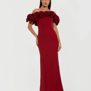 Red Crepe Off The Shoulder Column Gown With 3D Roses