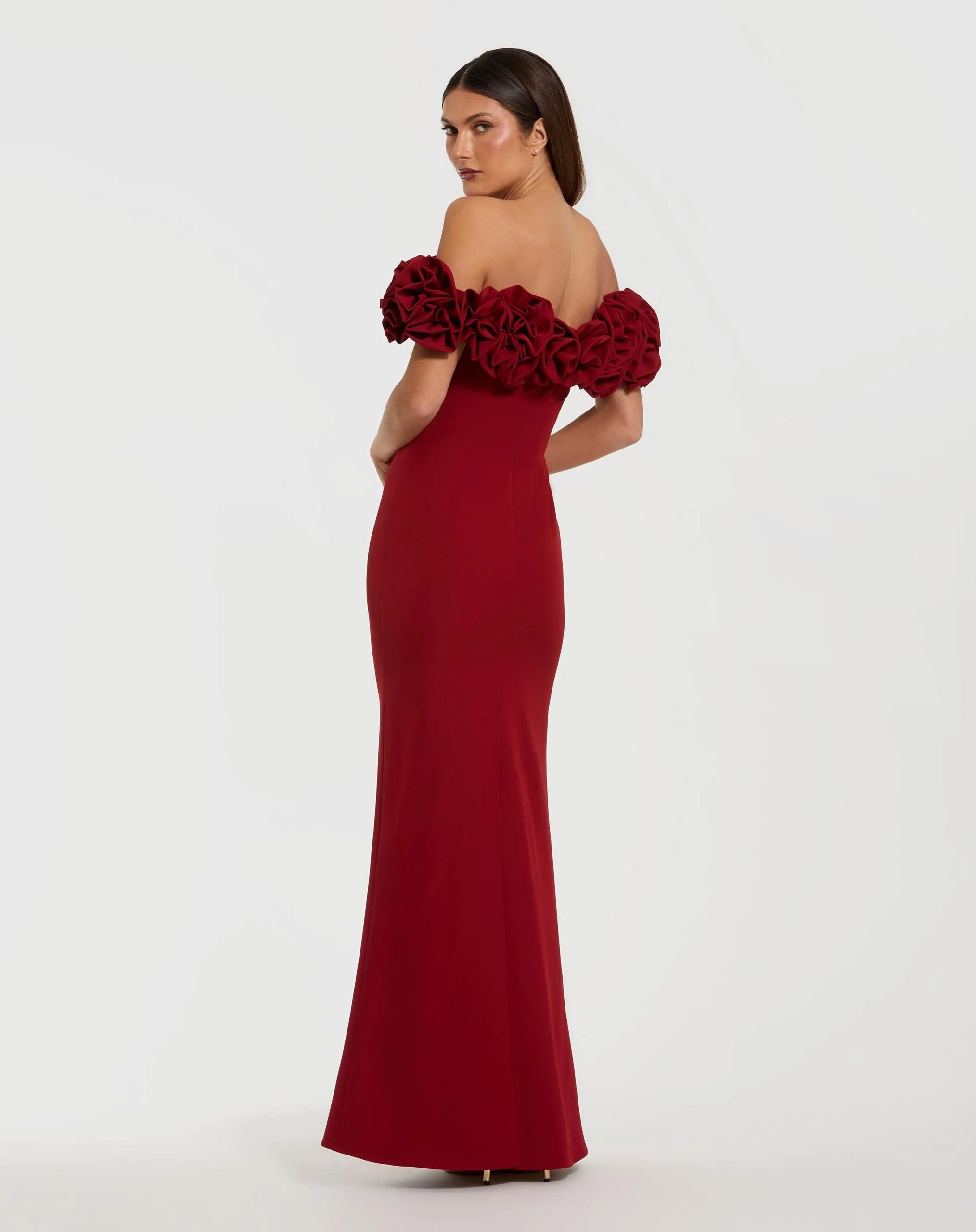 Red Crepe Off The Shoulder Column Gown With 3D Roses - Image 3