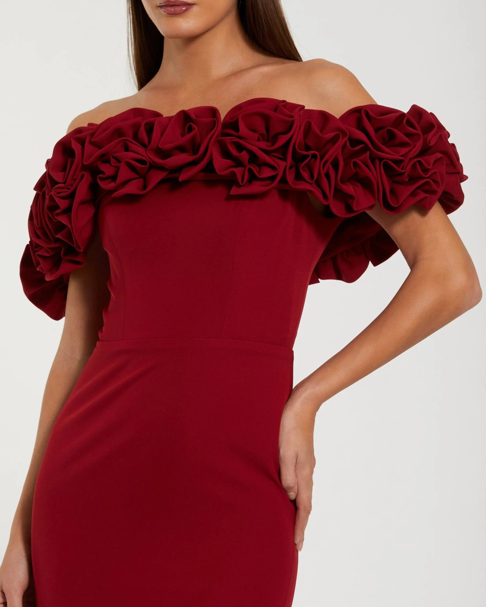 Red Crepe Off The Shoulder Column Gown With 3D Roses - Image 2