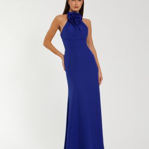 Blue Sleeveless Halter Neck Gown with Rosette Detail