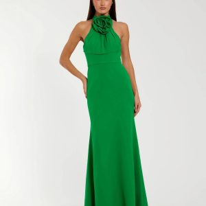 Green Sleeveless Halter Neck Gown with Rosette Detail