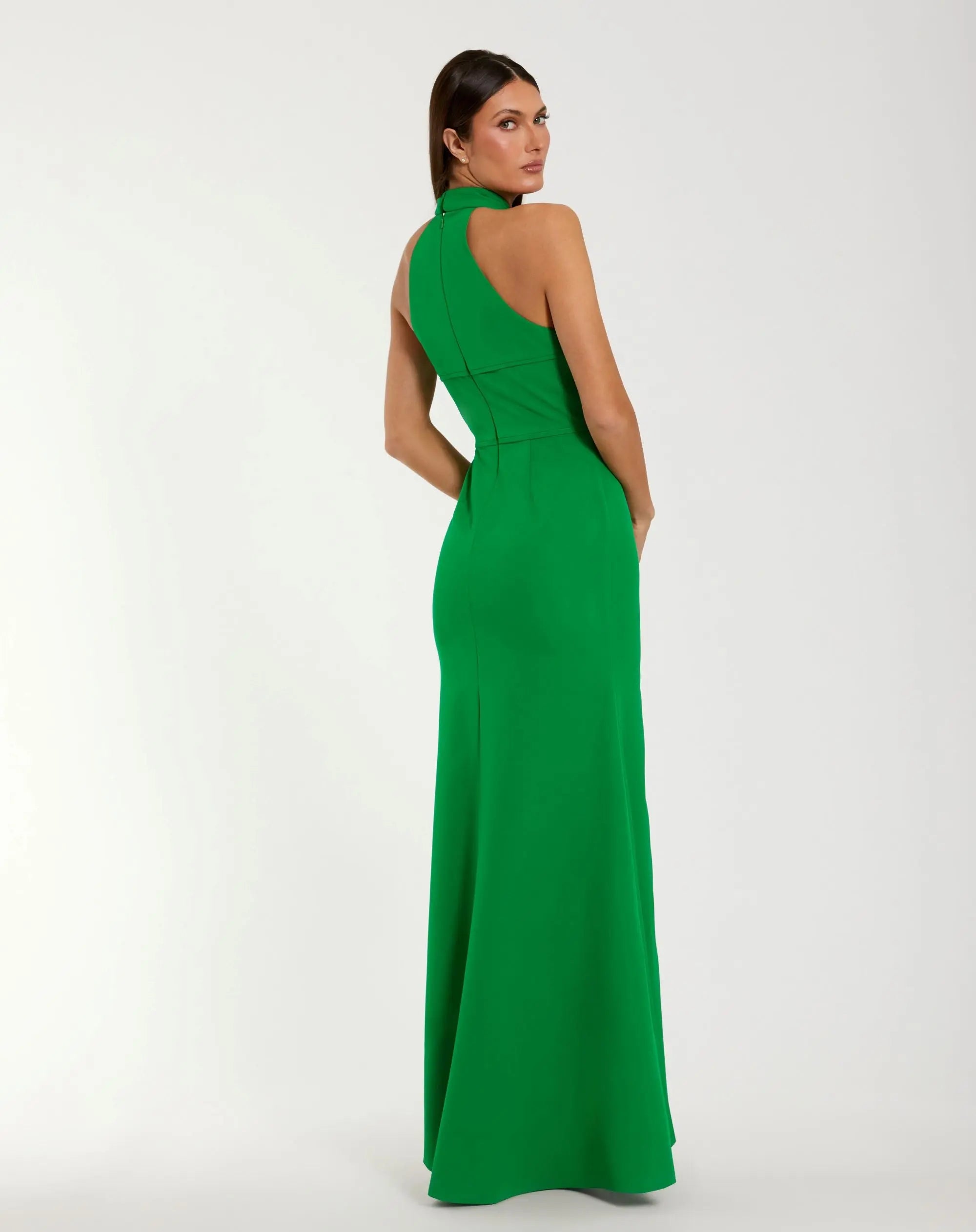 Green Sleeveless Halter Neck Gown with Rosette Detail - Image 3