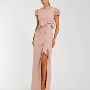 Pink Beaded Cap Sleeve Crepe Gown With Bow and Slit