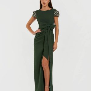 Dark Green Beaded Cap Sleeve Crepe Gown With Bow and Slit