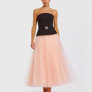 Black and Pink Strapless Midi Dress With Tulle Skirt