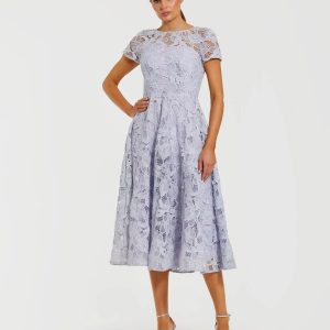 Purple Lace Short Sleeve Midi Dress