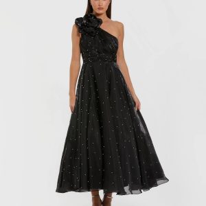 Black Pearl Embellished One Shoulder Organza Midi Dress