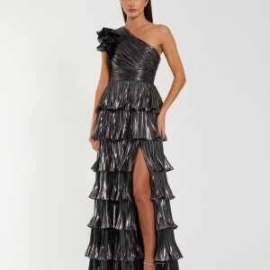 Dark Gray Pleated Metallic Ruffled One Shoulder Gown