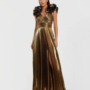 Gold Metallic Pleated Gown with Ruffle Shoulder Detail