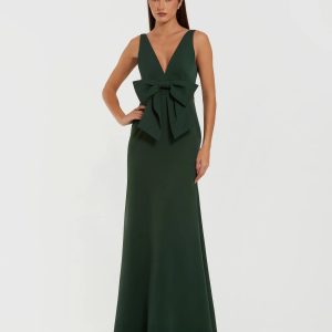 Green Crepe Sleeveless V-Neck Gown with Bow