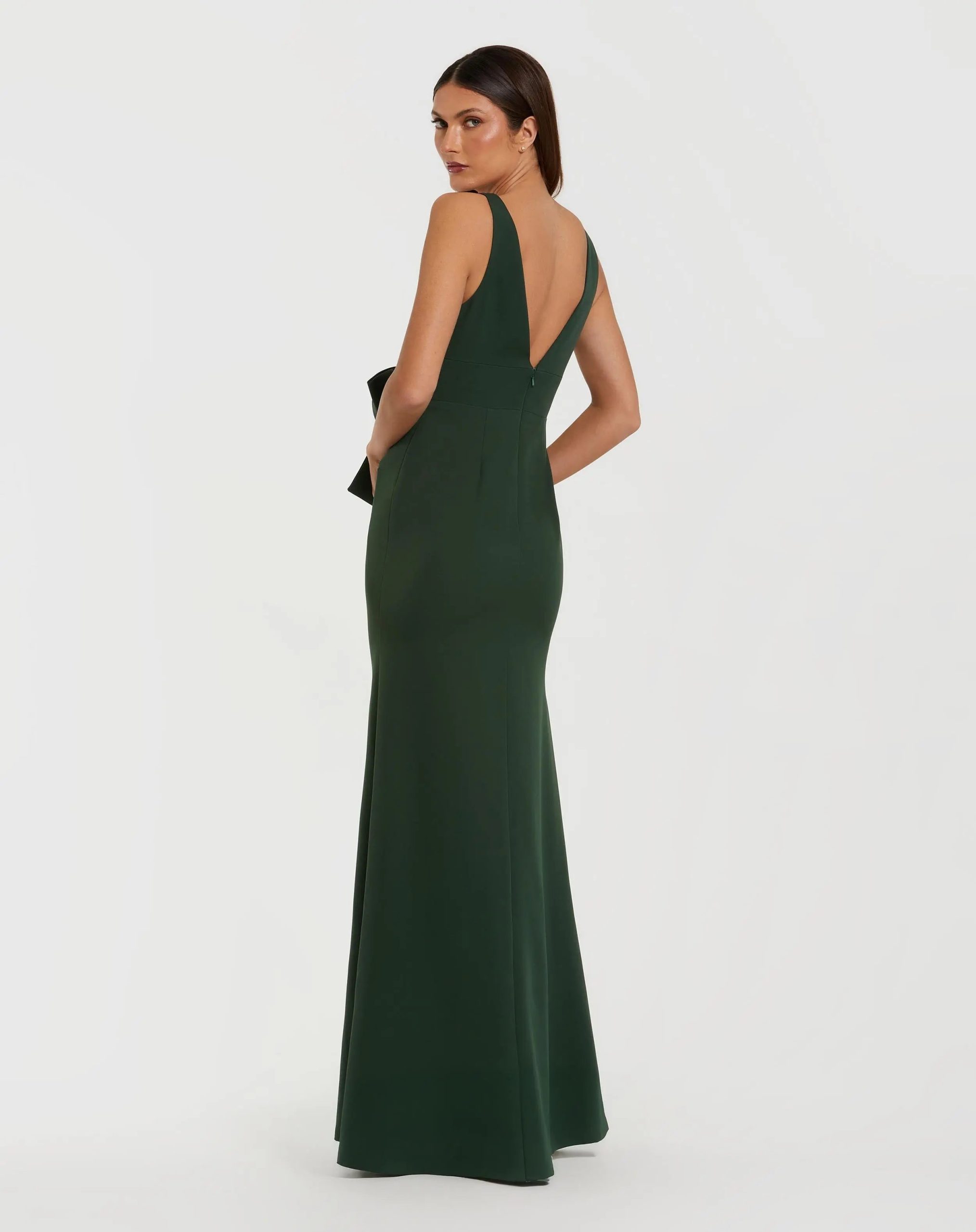 Green Crepe Sleeveless V-Neck Gown with Bow - Image 3