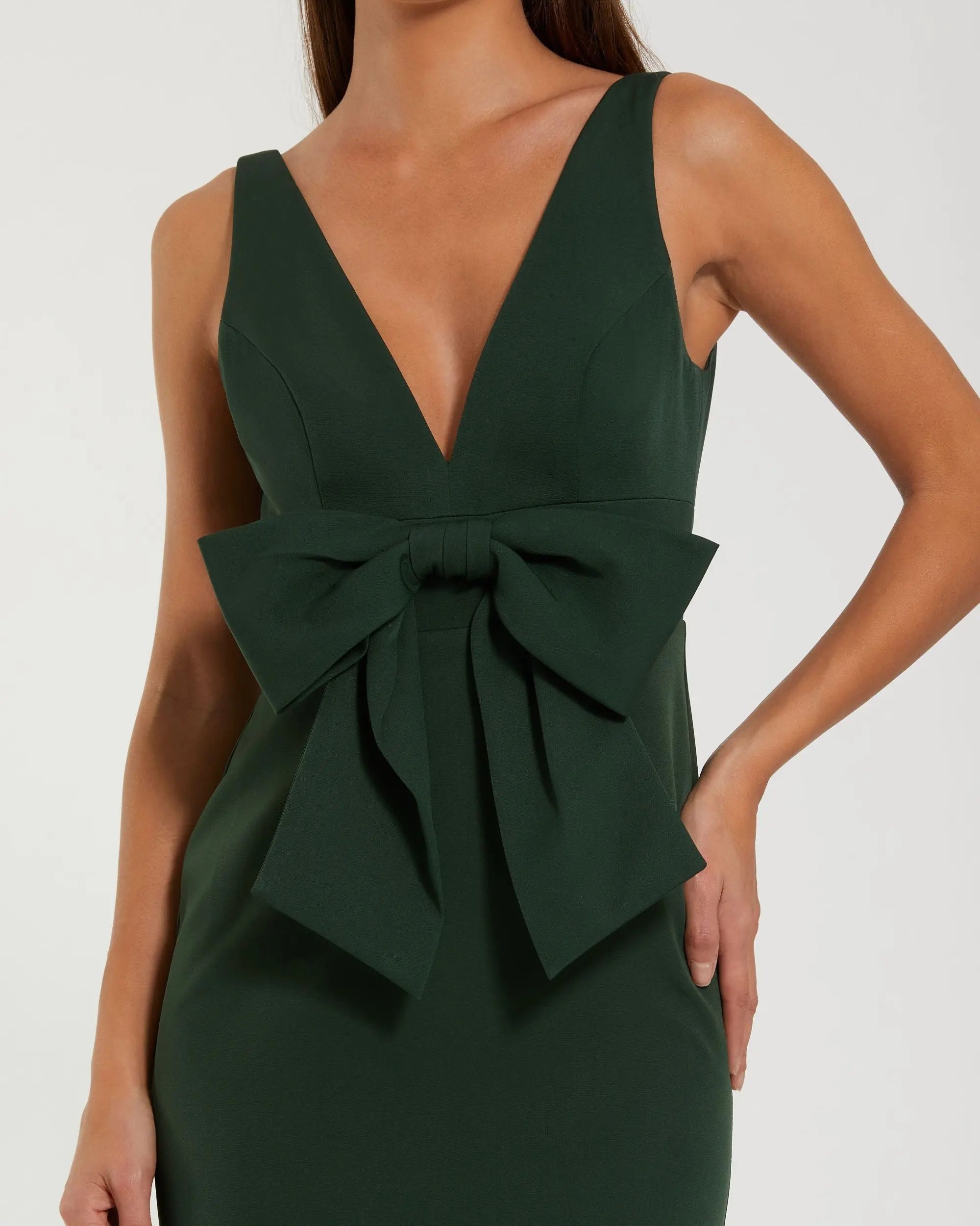Green Crepe Sleeveless V-Neck Gown with Bow - Image 2