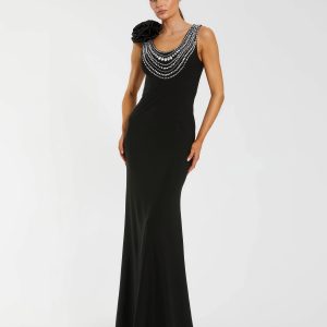 Black Beaded Scoop Neck Jersey Gown With 3D Flower