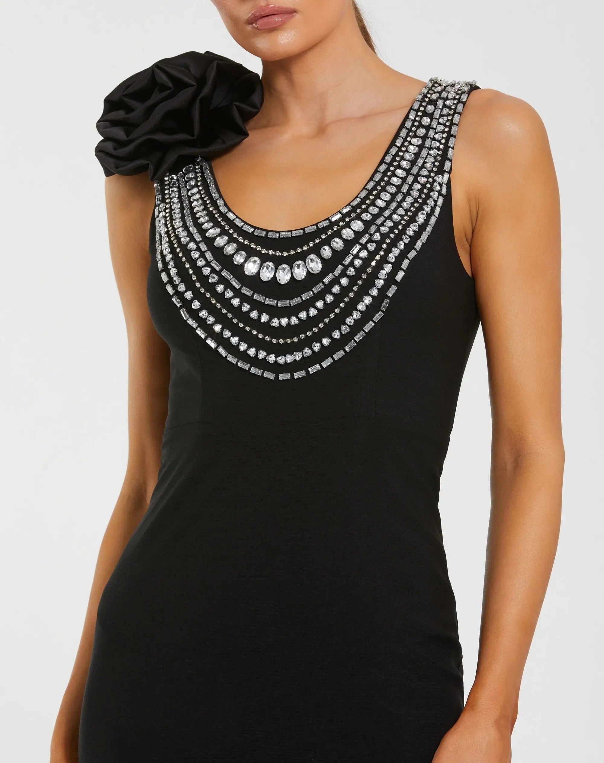 Black Beaded Scoop Neck Jersey Gown With 3D Flower - Image 2