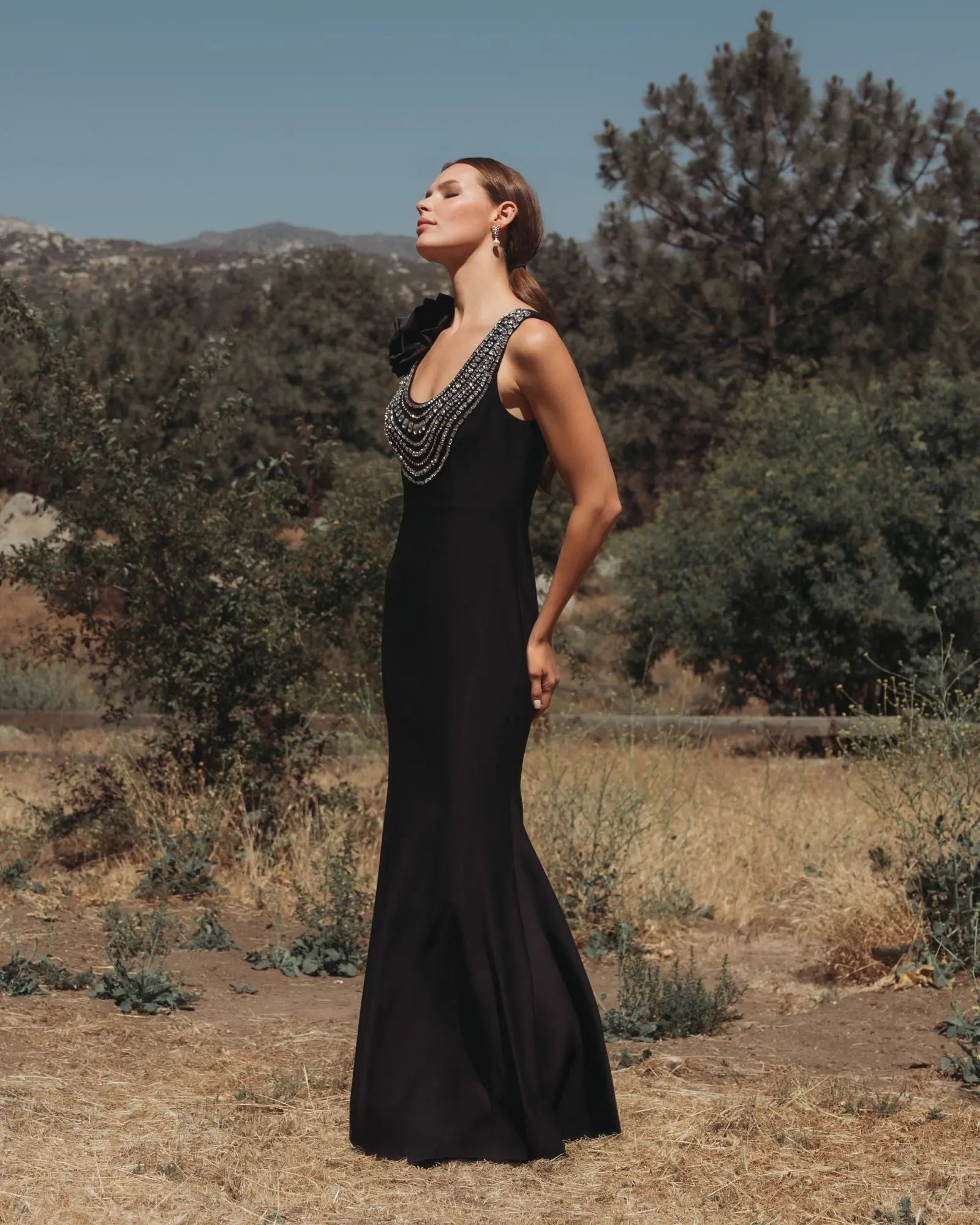 Black Beaded Scoop Neck Jersey Gown With 3D Flower - Image 4