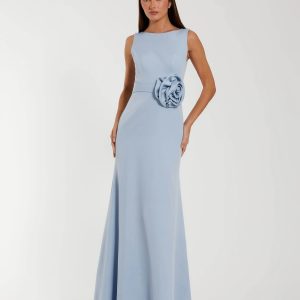 Blue Boat Neck Crepe A Line Gown With Flower
