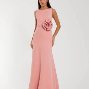 Pink Boat Neck Crepe A Line Gown With Flower