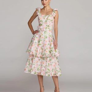 White Multicolor Floral Lace Tiered Midi Dress
