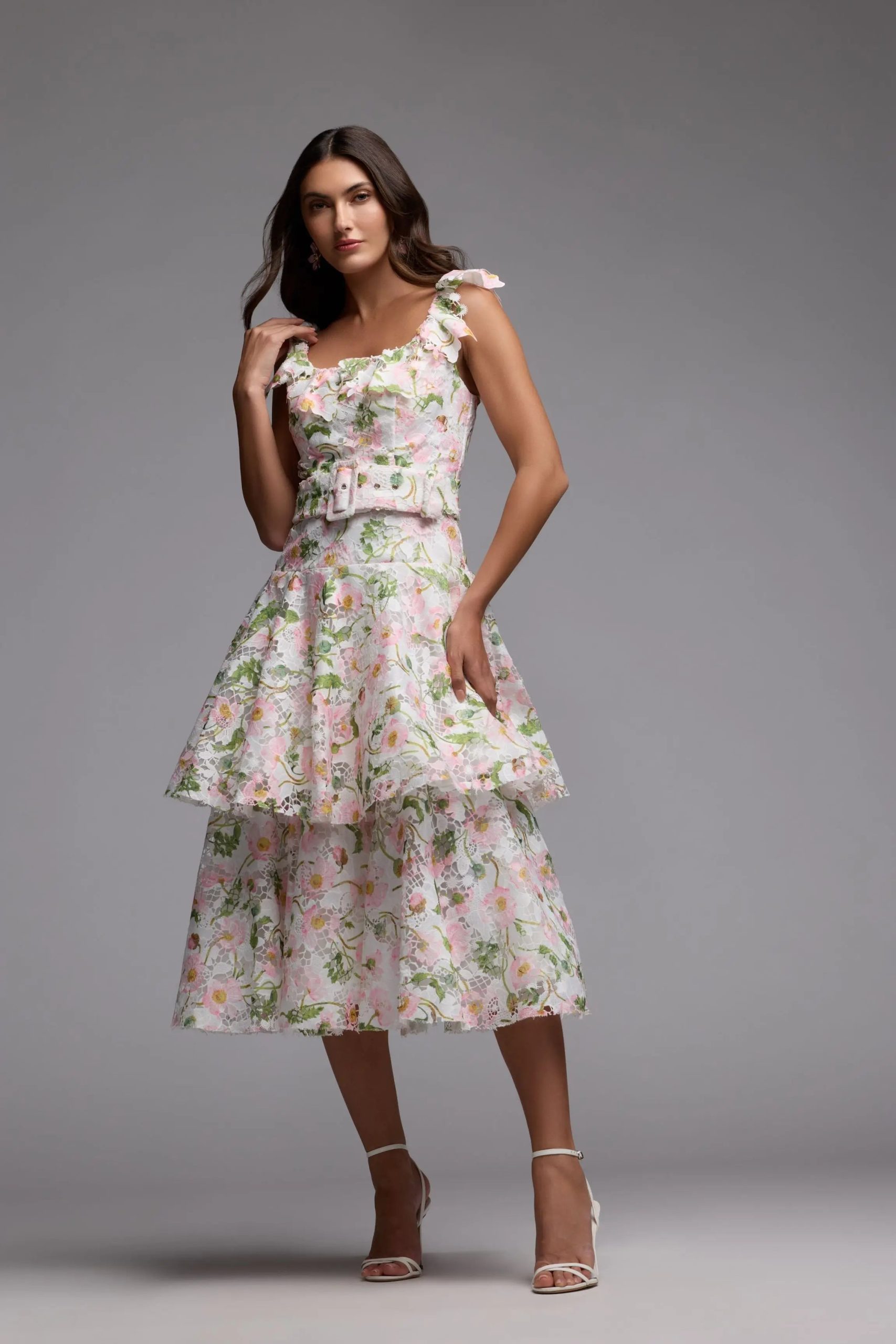 White Multicolor Floral Lace Tiered Midi Dress - Image 6