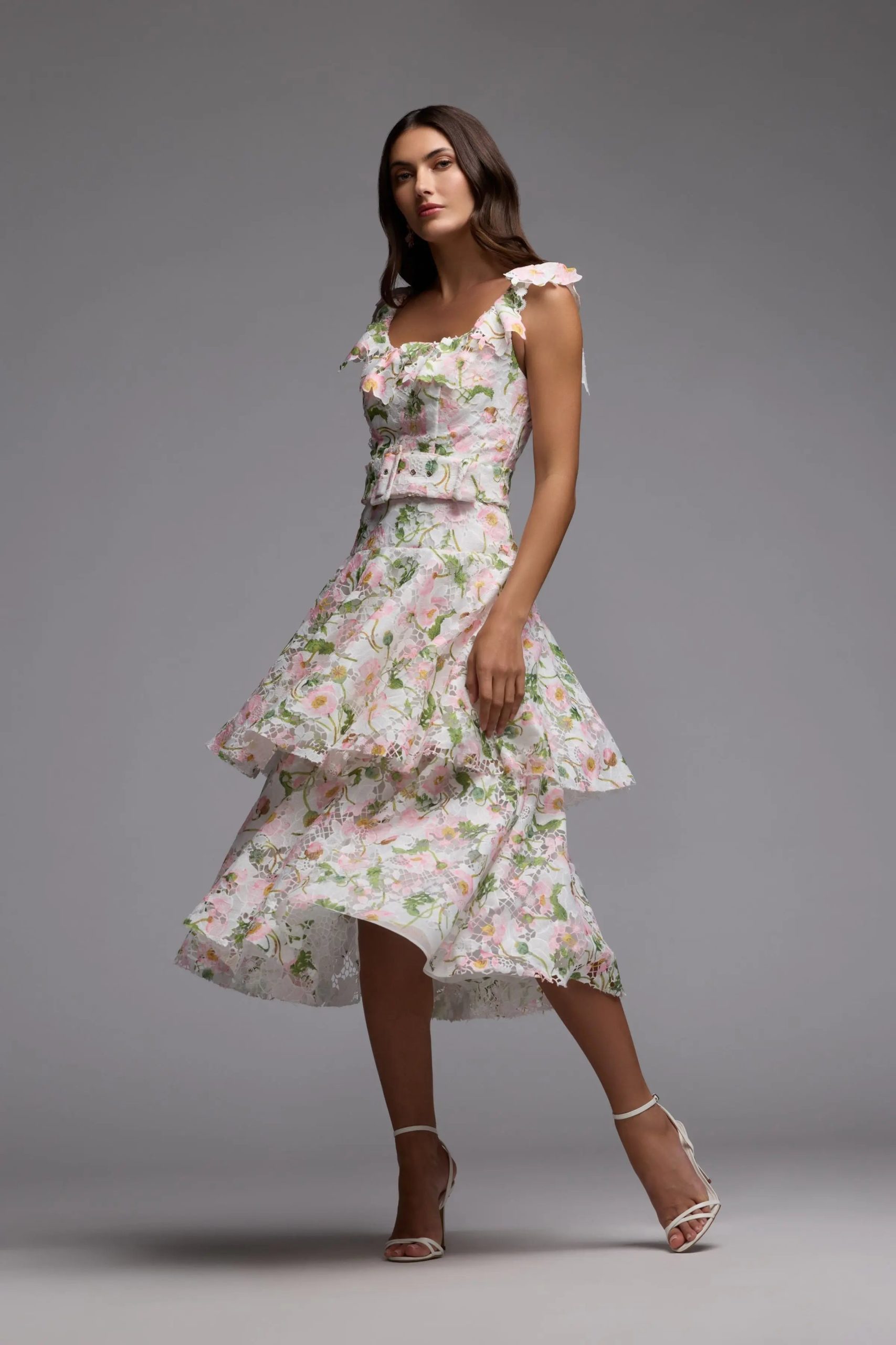 White Multicolor Floral Lace Tiered Midi Dress - Image 4