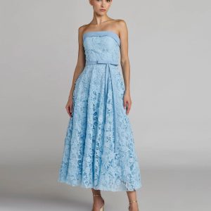 Blue Embroidered Lace Strapless Midi Dress With Bow Detail