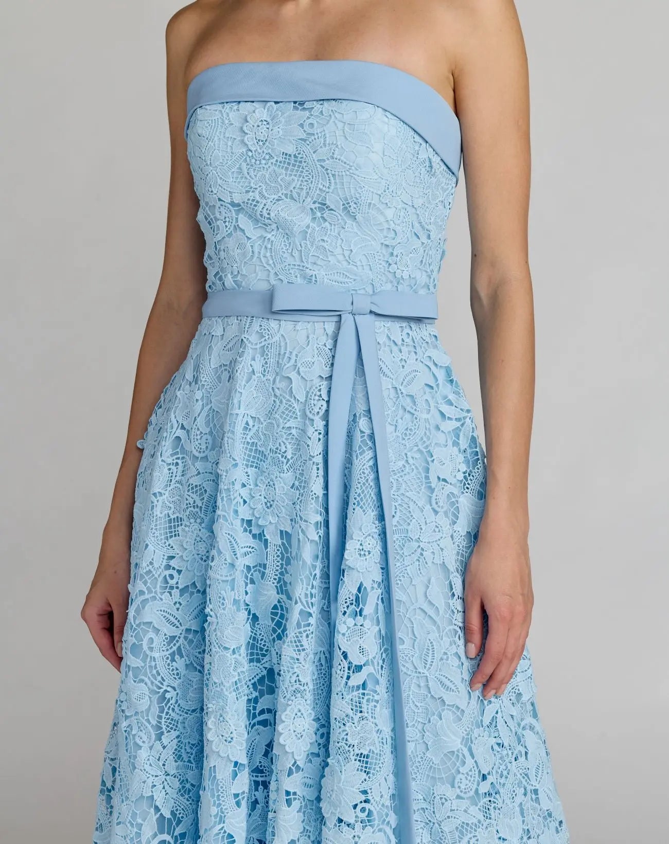 Blue Embroidered Lace Strapless Midi Dress With Bow Detail - Image 2