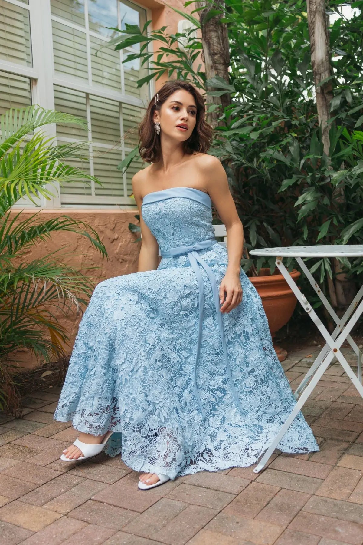 Blue Embroidered Lace Strapless Midi Dress With Bow Detail - Image 6