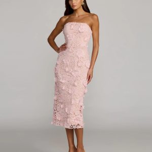 Pink Strapless 3D Floral Midi Dress