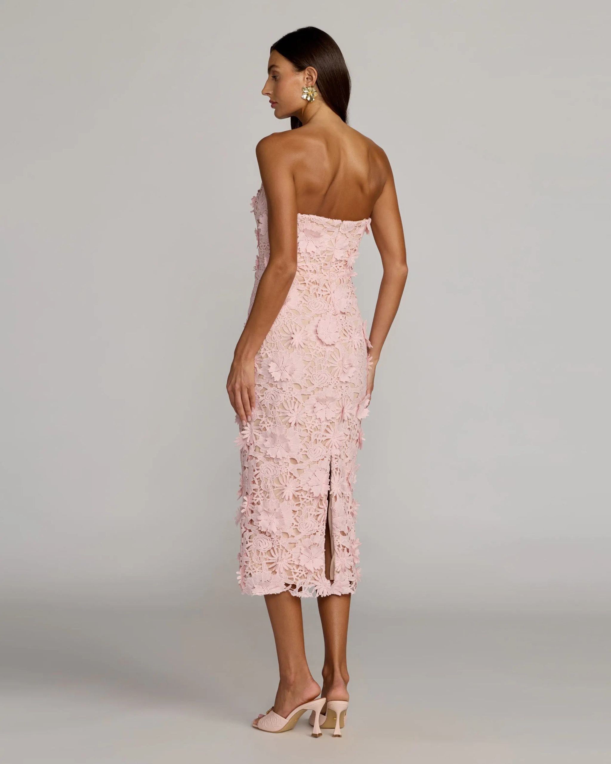 Pink Strapless 3D Floral Midi Dress - Image 4