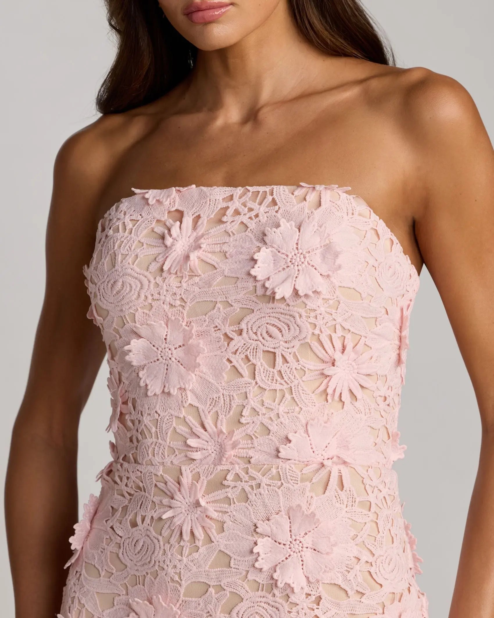 Pink Strapless 3D Floral Midi Dress - Image 2
