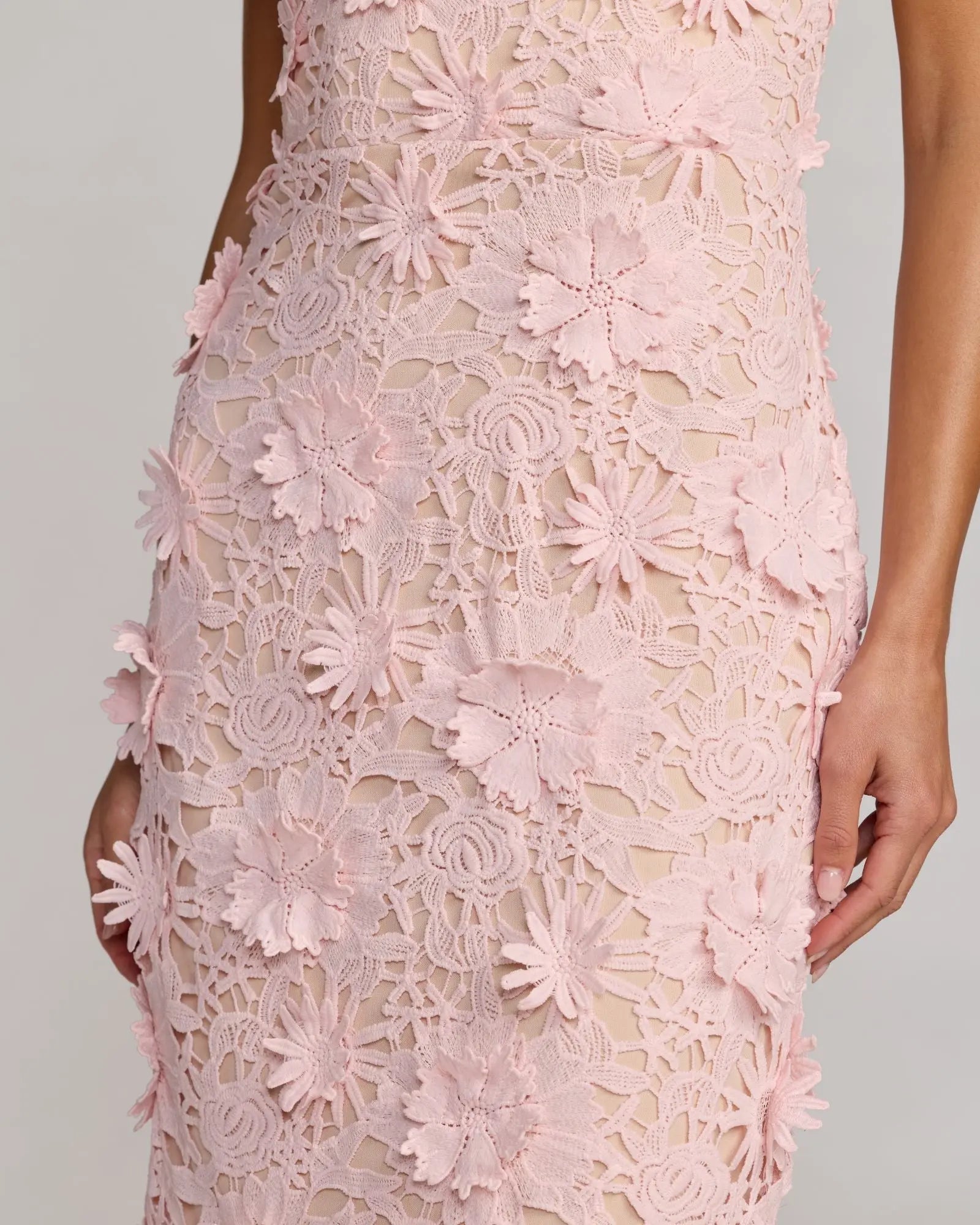 Pink Strapless 3D Floral Midi Dress - Image 3