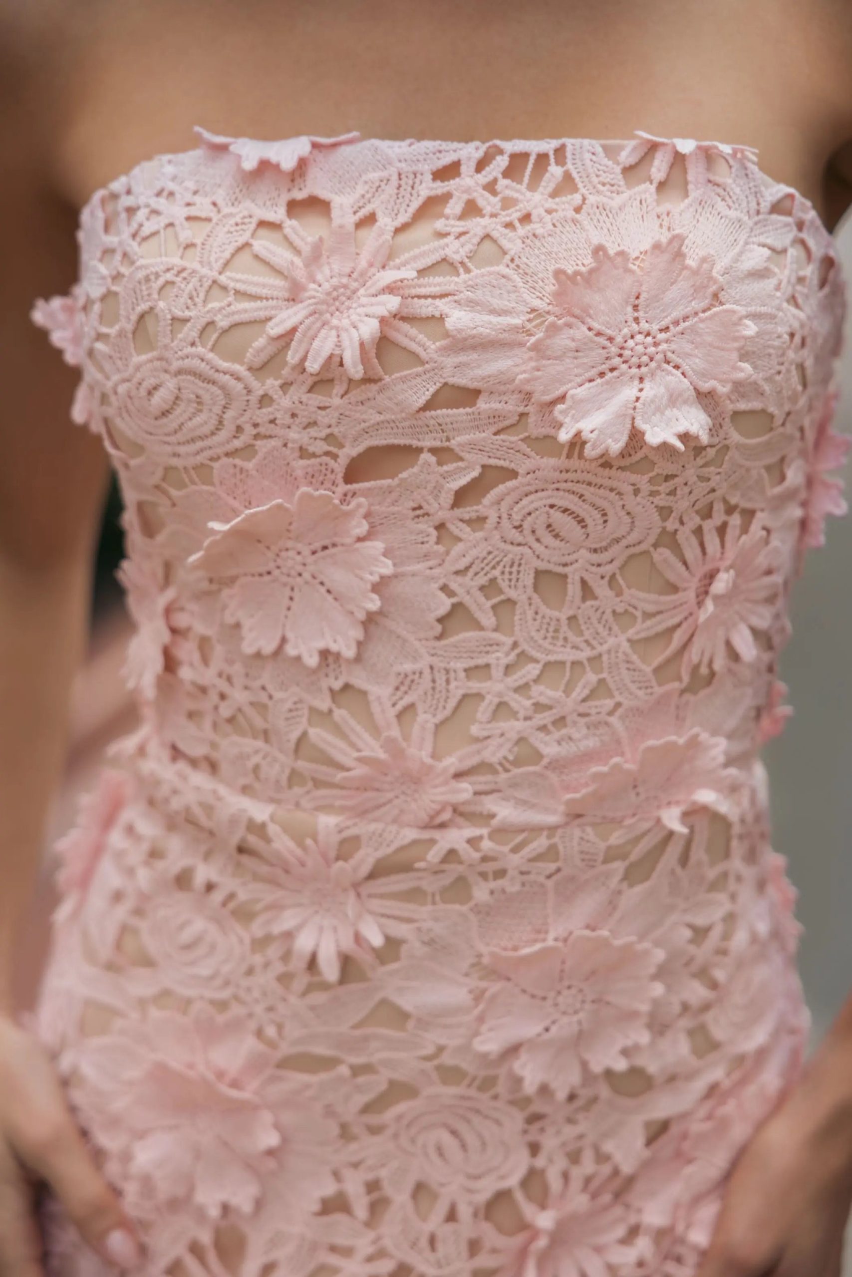 Pink Strapless 3D Floral Midi Dress - Image 6