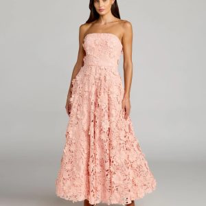 Pink Strapless Floral Embroidered Lace A-Line Dress
