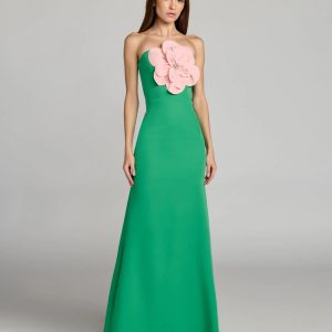 Green Strapless Crepe Gown With 3D Flower
