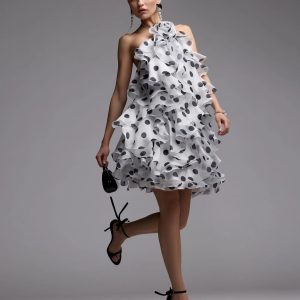 White Polka Dot Halter Neck Ruffle Mini Dress