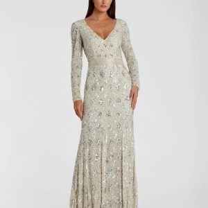 Silver Geometric Embellished Evening Gown - FINAL SALE