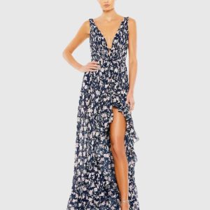 Navy Multicolor Floral Print Sleeveless Ruffled High-Low Gown
