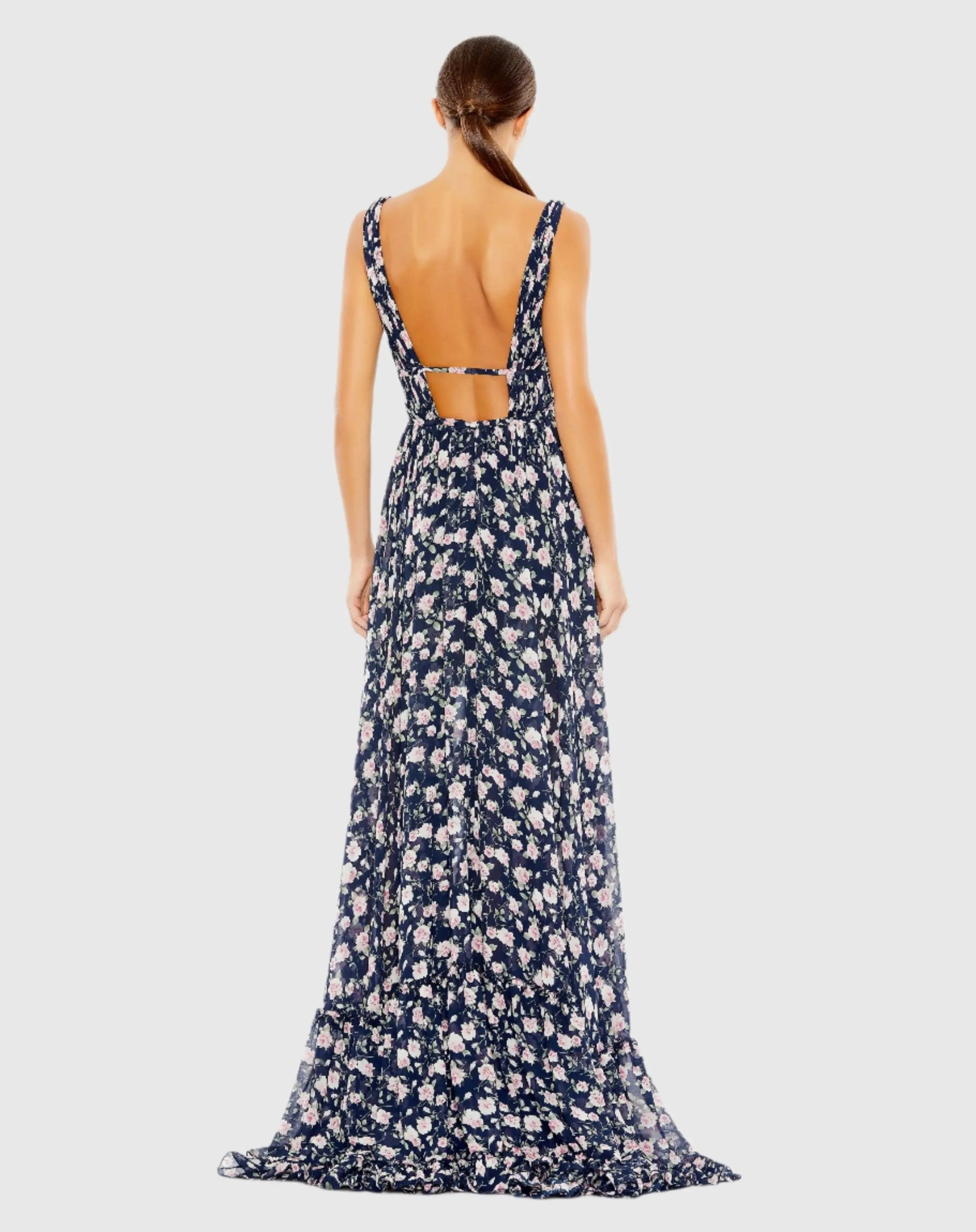 Navy Multicolor Floral Print Sleeveless Ruffled High-Low Gown - Image 3