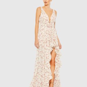 Multicolor Floral Print Sleeveless Ruffled High-Low Gown