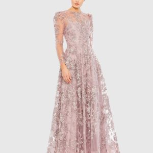 Purple Embroidered Illusion High Neck A Line Dress