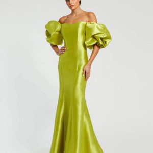 Green Sweetheart Off The Shoulder Puff Sleeve Gown